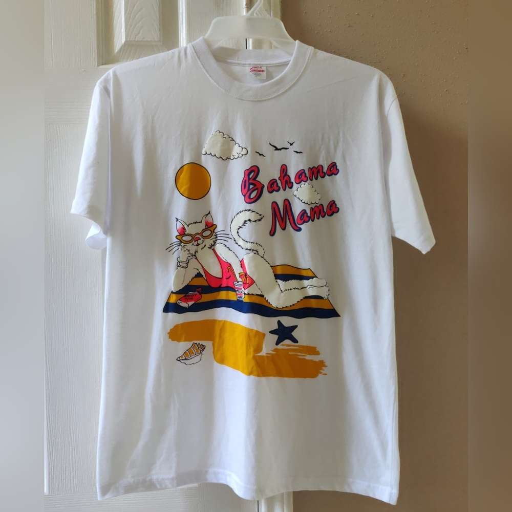 Vintage 90's Bahama Mama Cat Beach Unisex Tourist Puffy Paint T-shirt L NWOT